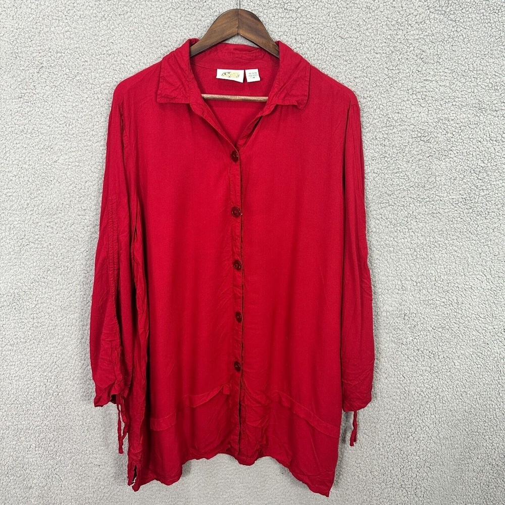 Collections Etc Red Button Up Tunic Top Womens XL Oversized Red V Neck Lagenlook